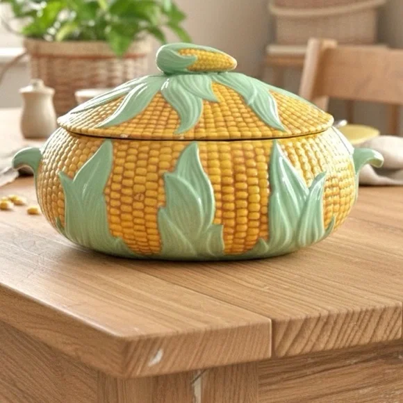 Vintage 1980 Corn Tureen Covered Ceramic Dish Majolica Style Vegetable Server - Picture 12 of 13